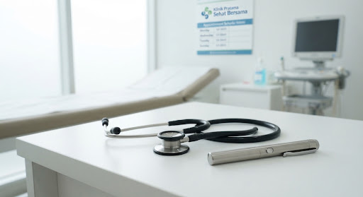 Stetoskop dan meja periksa dokter umum