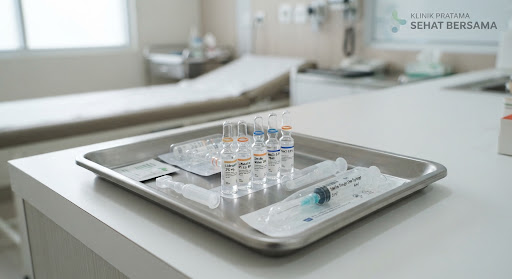 Vial obat dan suntikan steril pada tray klinis