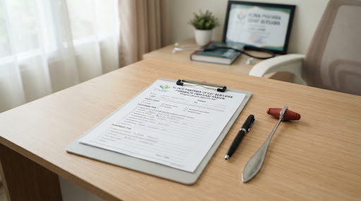 Formulir rekam medis dan pulpen di atas clipboard
